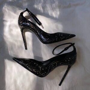 Saint Laurent Shimmery Black and White Ankle Strap Stilettos